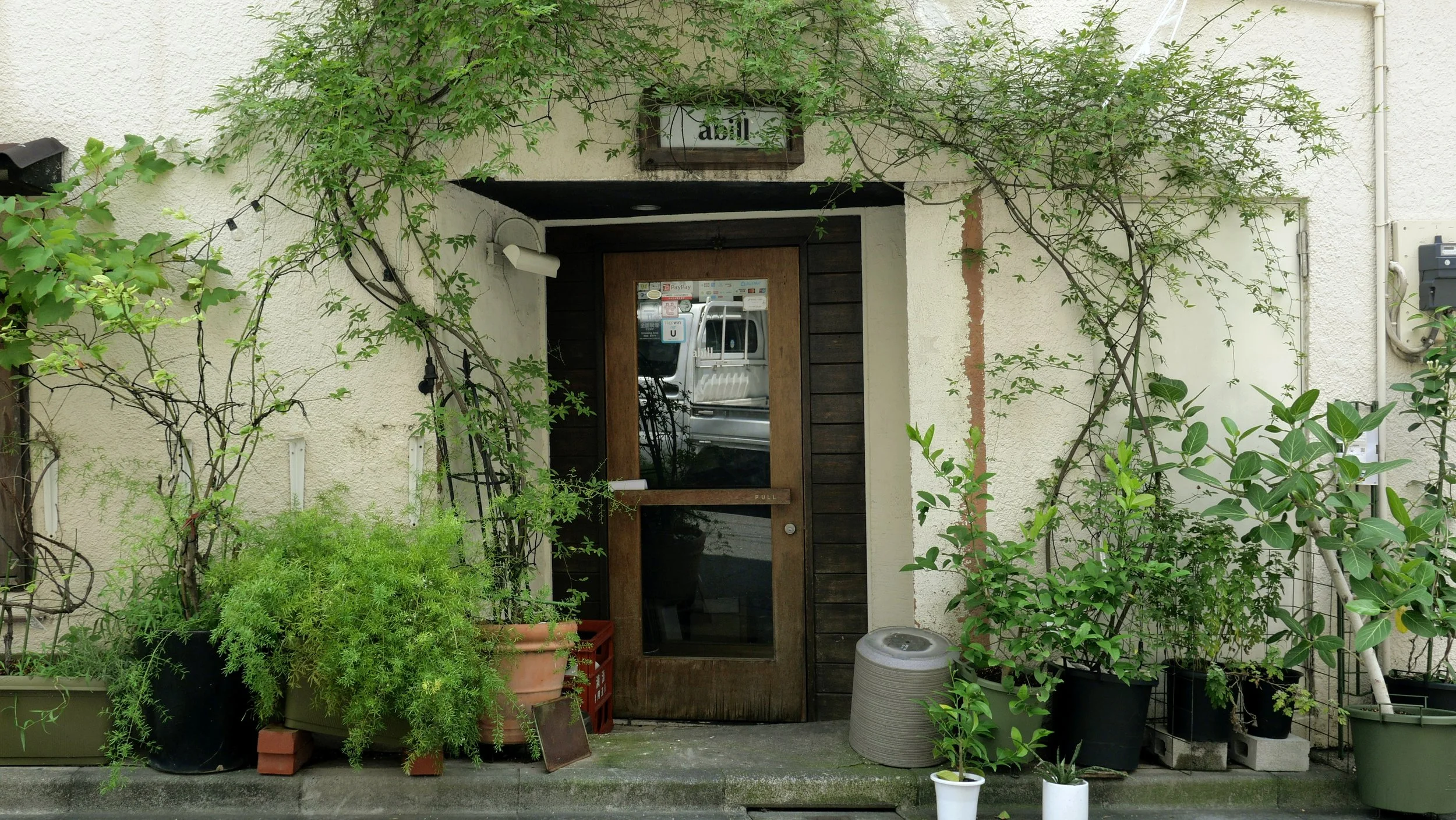 Exterior of a building with a wooden door, surrounded by green potted plants and vines.