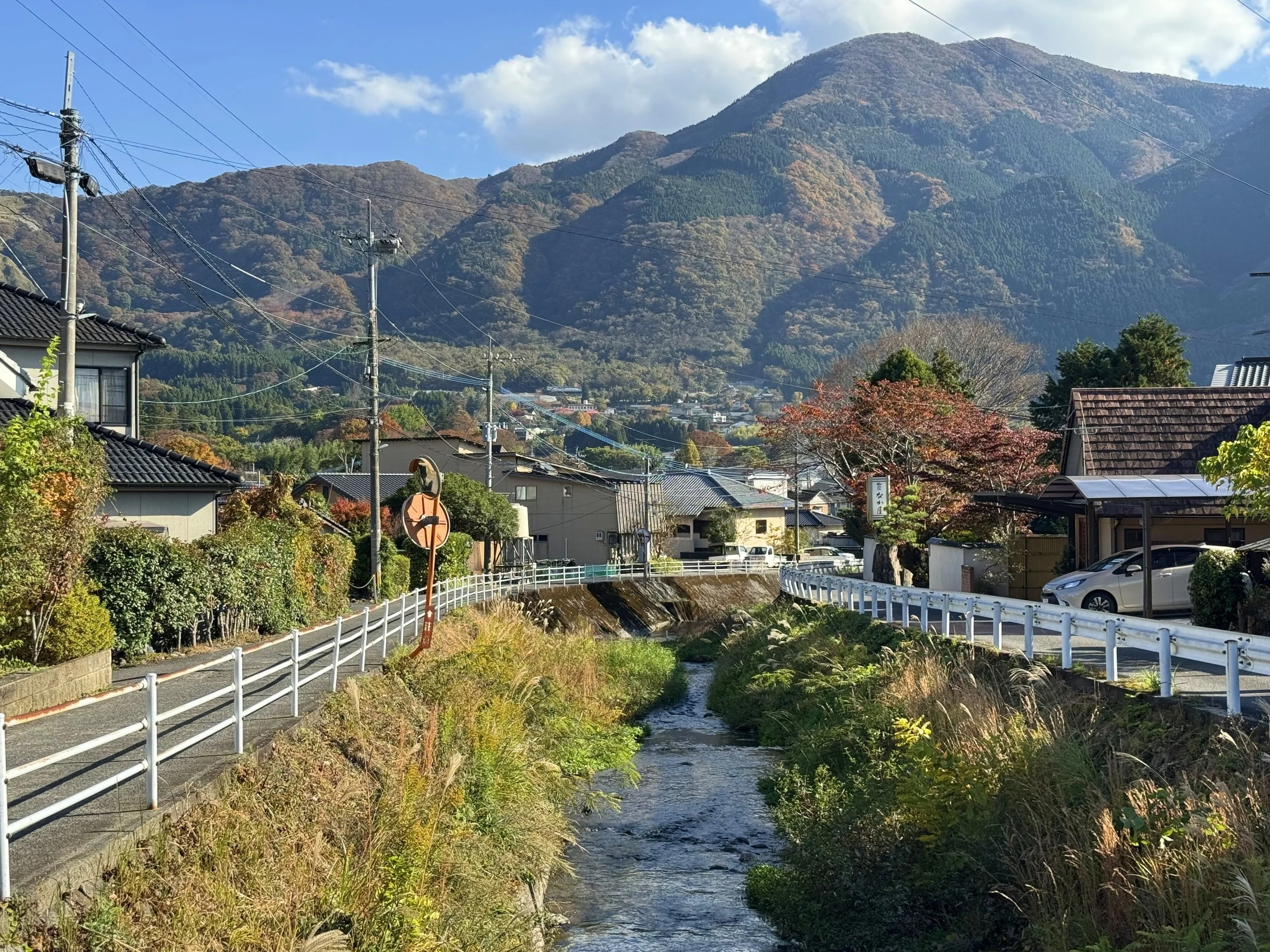 A scenic view of a small river flowing through a residential area with houses, trees, and mountains in the background under a partly cloudy sky.
