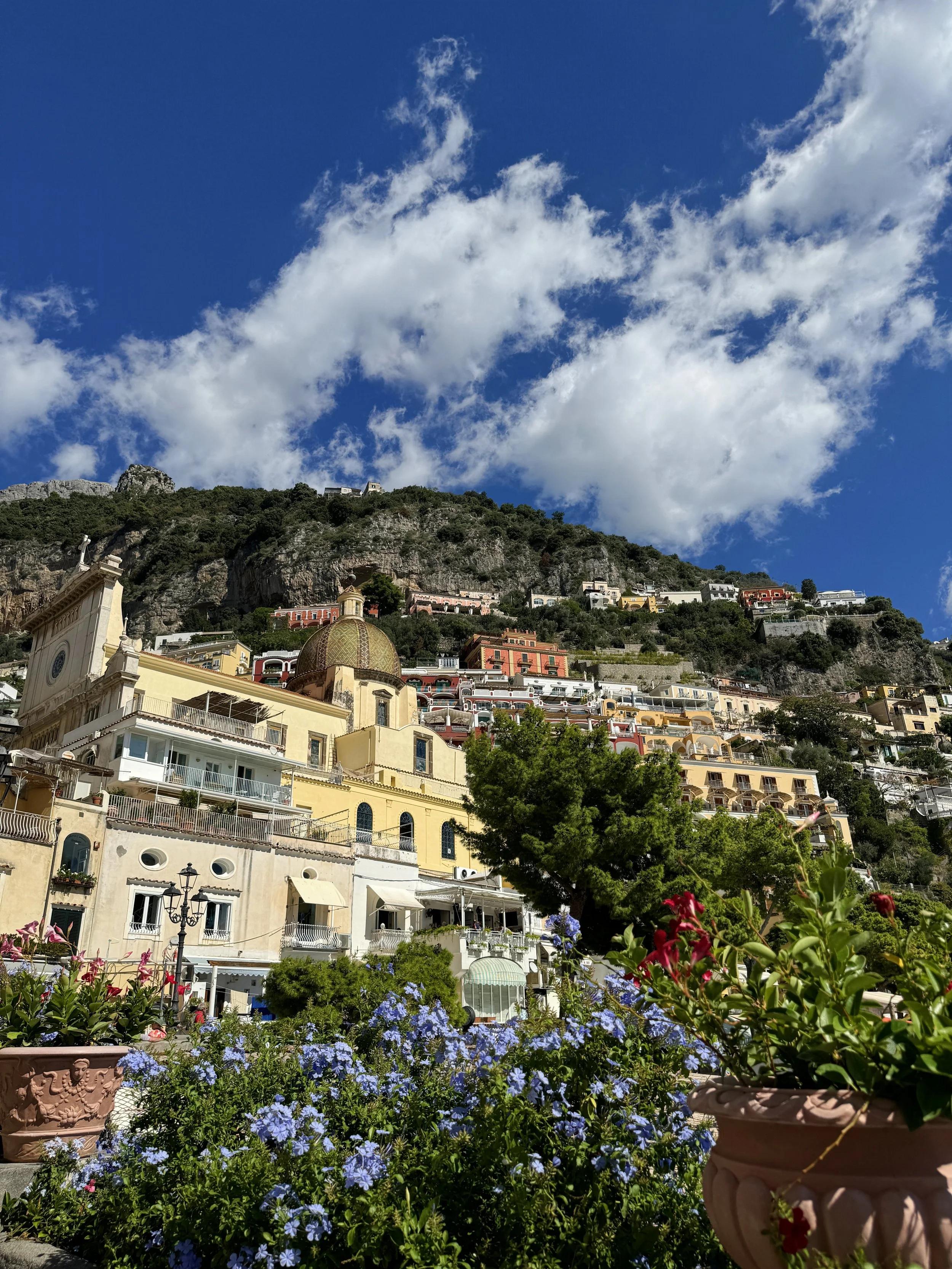 Colorful homes and buildings on a hillside with lush greenery, flowers in pots, and a blue sky with clouds.