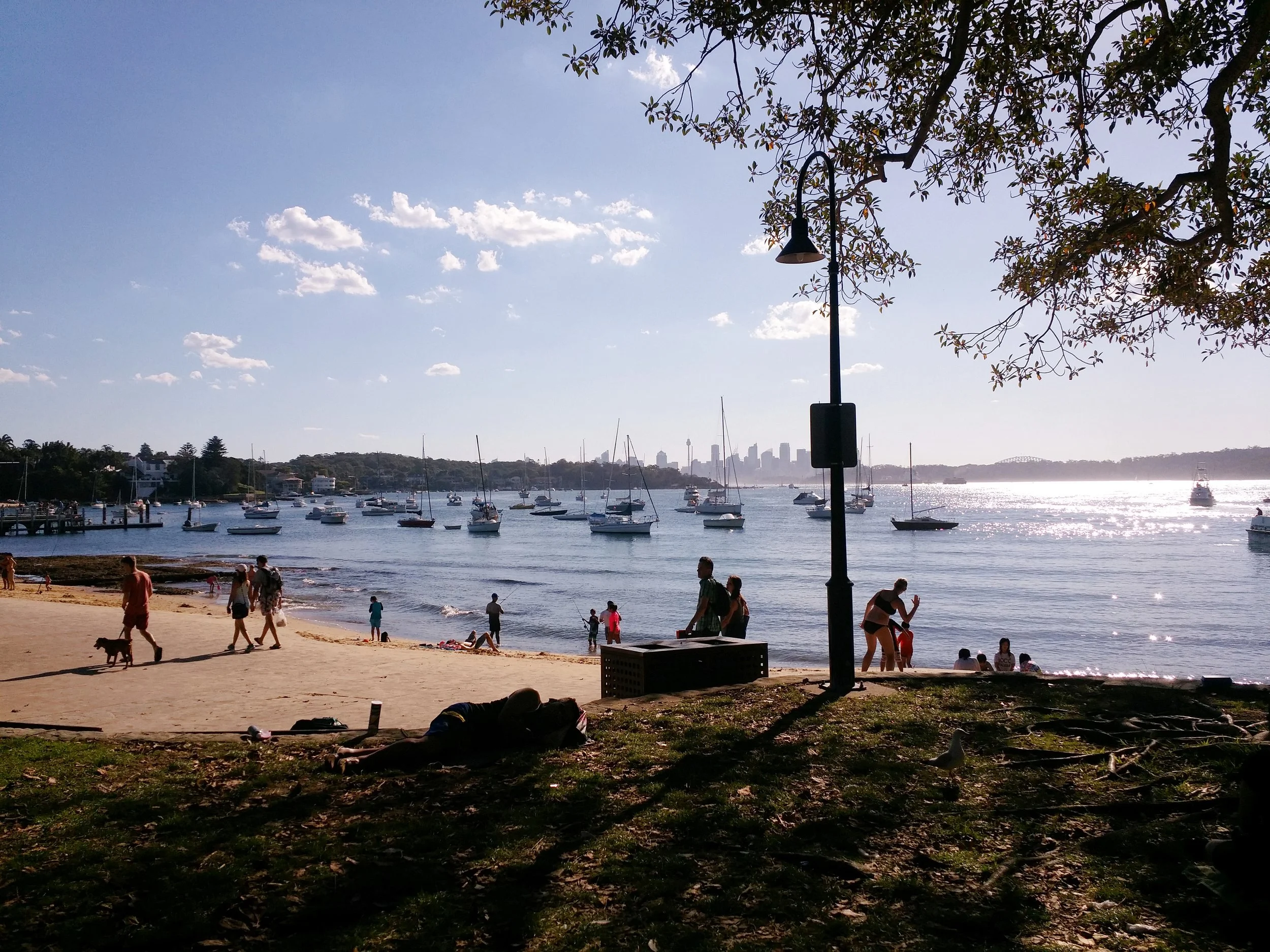 A beach scene viewed from under tree shade with people walking and sitting on the sand, sailboats in the water, and a city skyline in the distance. A streetlamp and some foliage are in the foreground.