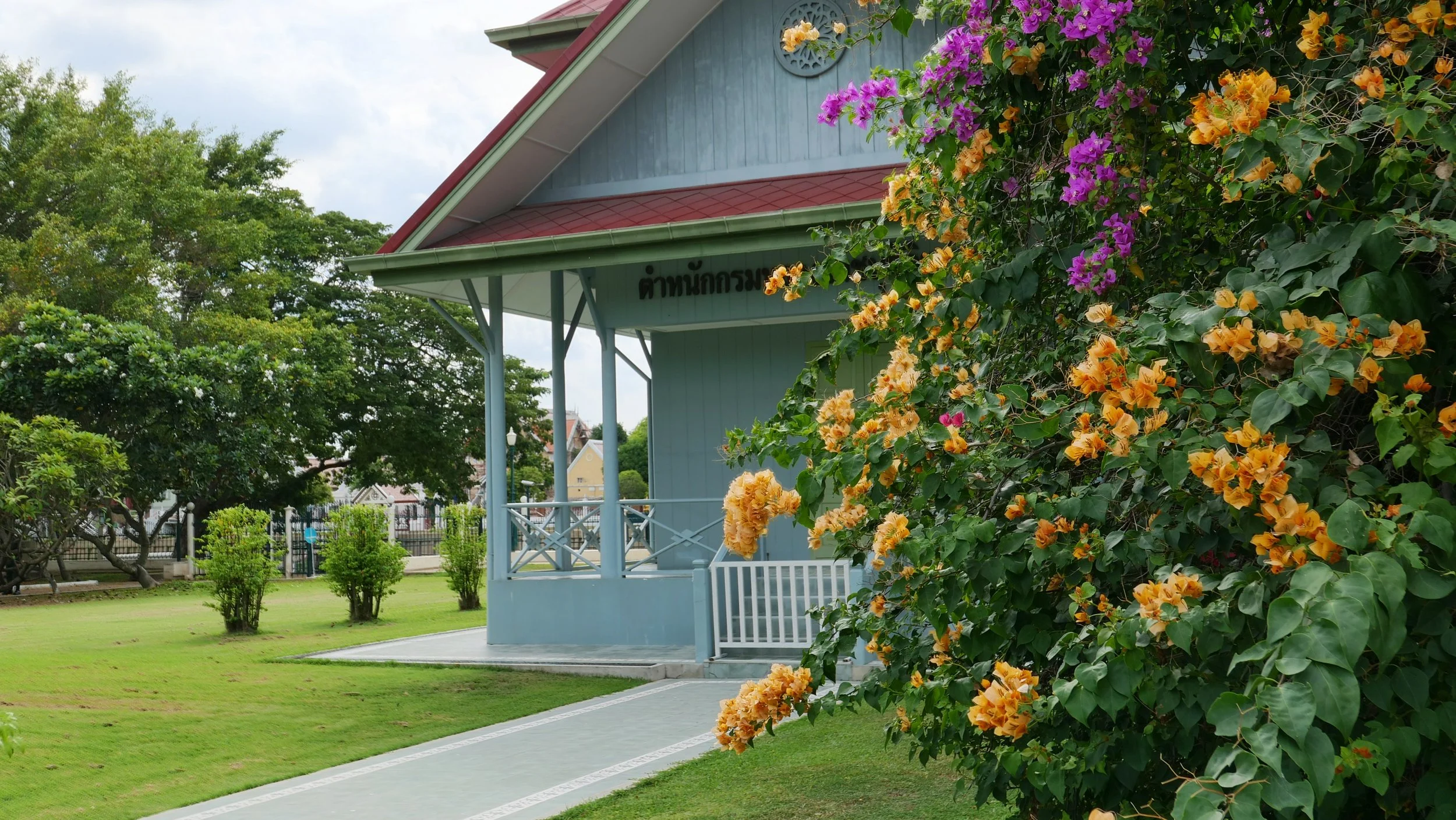 A blue wooden building with a red roof and Thai writing on it, surrounded by greenery and blooming yellow and purple flowers.