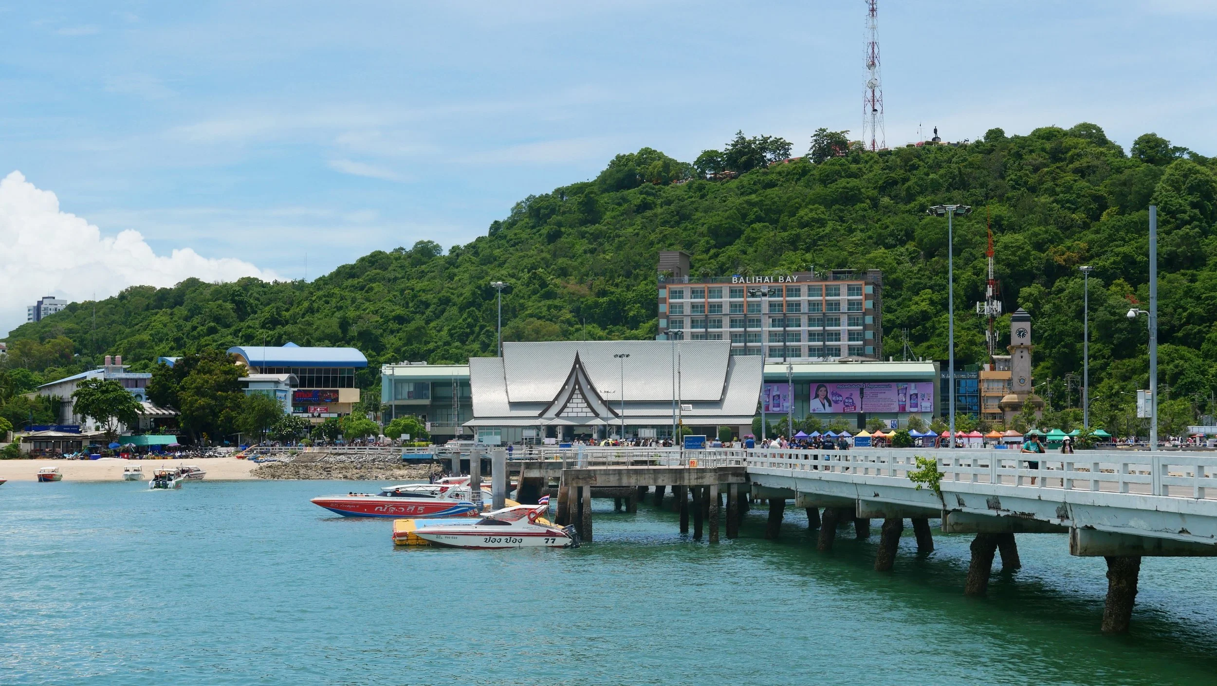 A scenic view of a waterfront area with boats on the water, a pier, and a cityscape with a hill covered in greenery, buildings, and communication towers in the background.