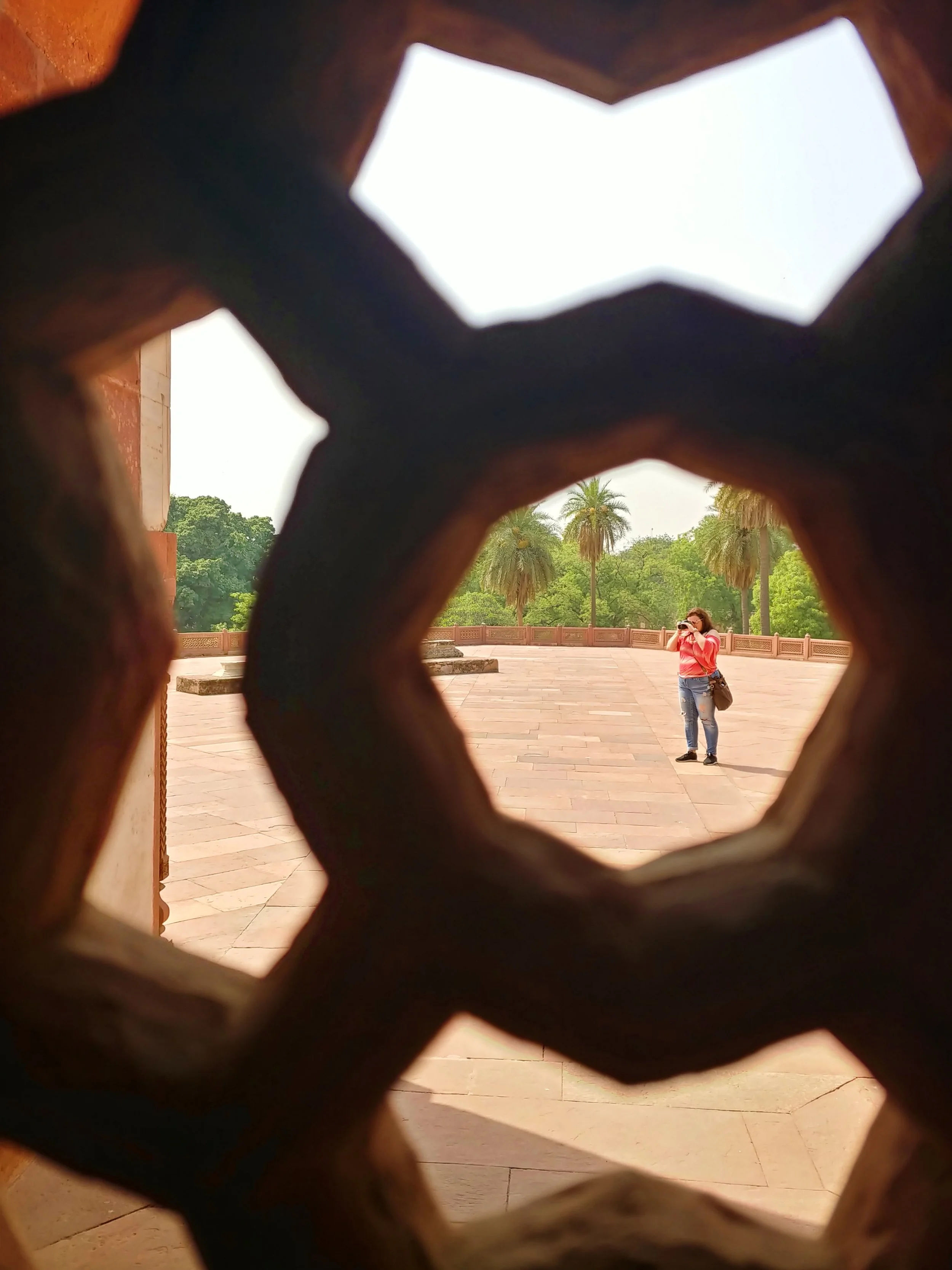 A woman taking a picture of the scene in front of her, visible through a decorative wrought iron grille.