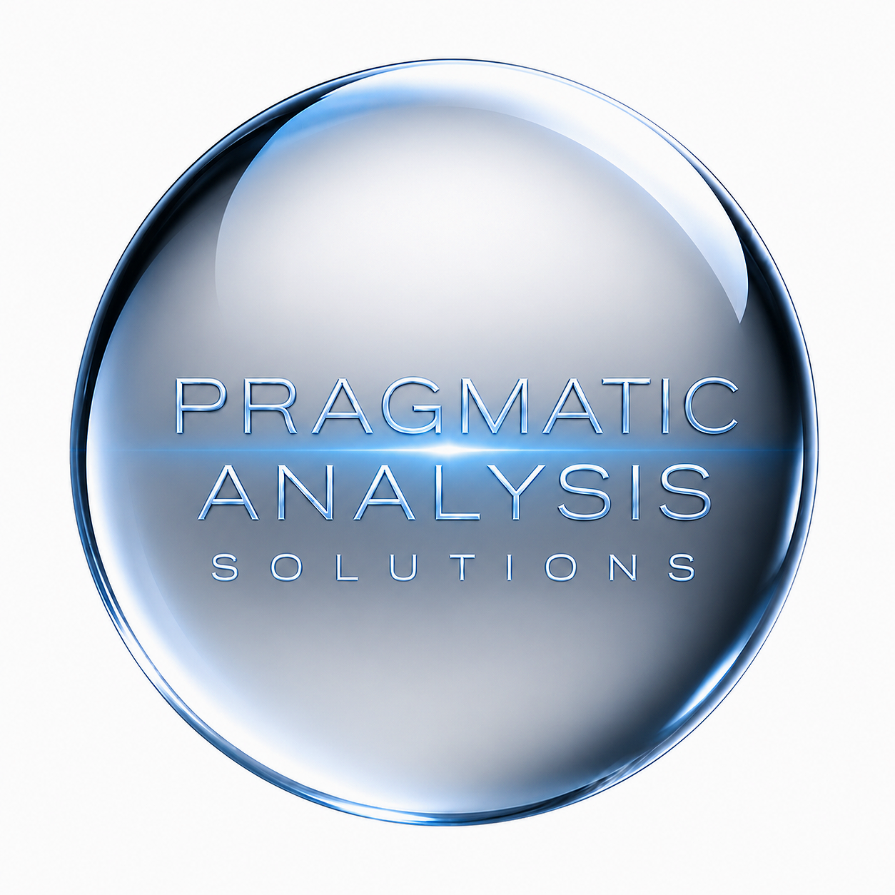 A silver, glossy circular emblem with the words "Pragmatic Analysis Solutions" written in the center in blue, futuristic font.