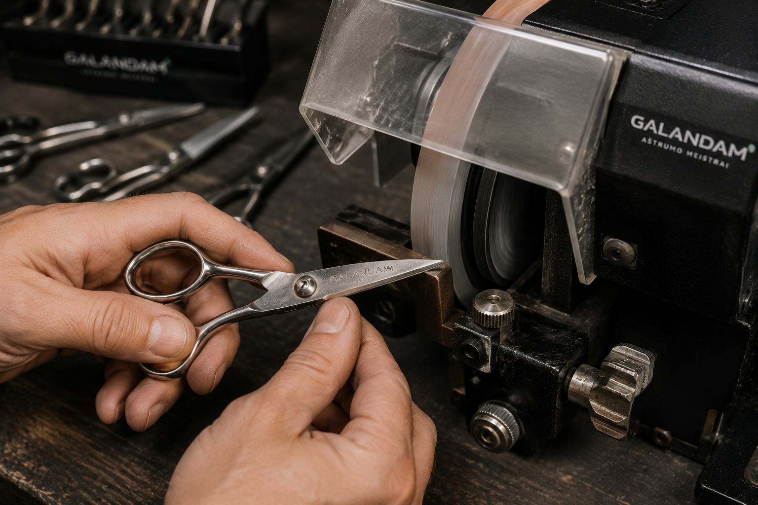 A person holding small surgical scissors near a precision grinding machine with metal scissors and tools on a wooden workbench.