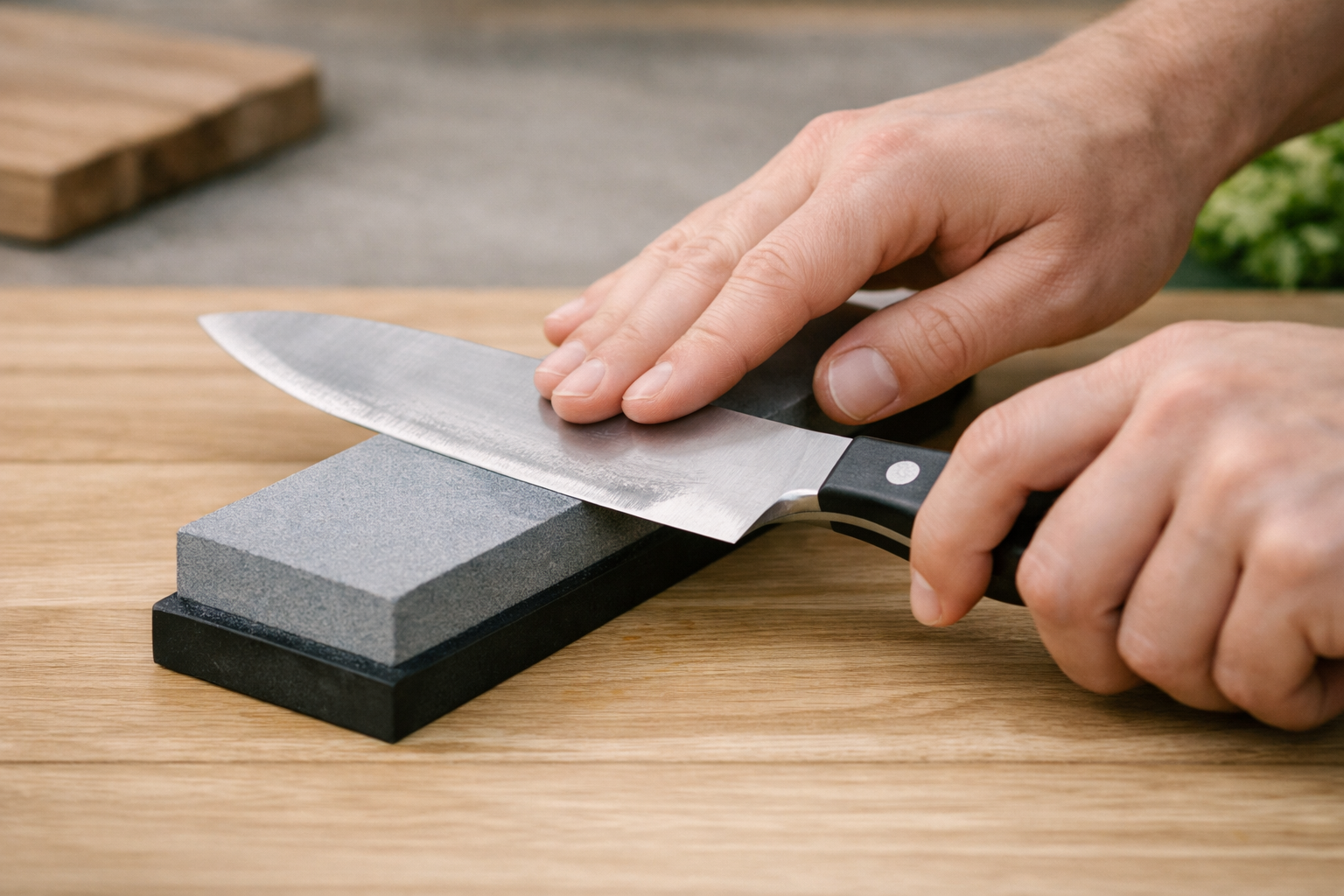 A person sharpening a kitchen knife using an abrasive stone on a wooden surface.