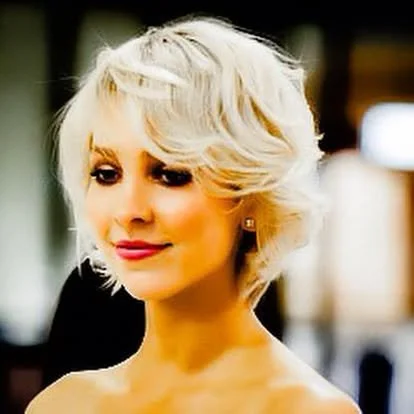 Woman with short blonde hair and makeup in an indoor setting.