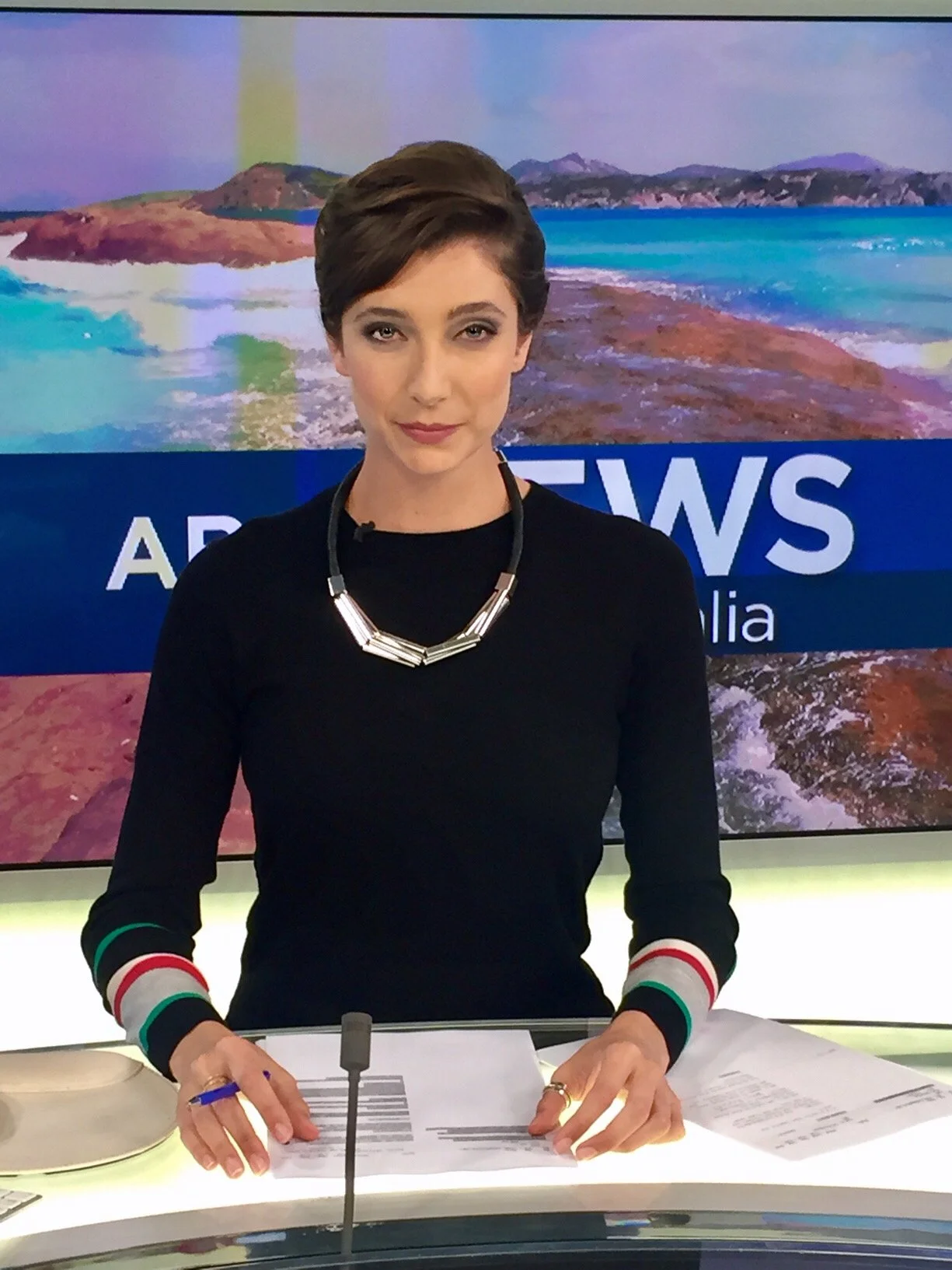 News anchor woman sitting at a desk with TV screen background displaying a coastal landscape and the word 'ABC NEWS'