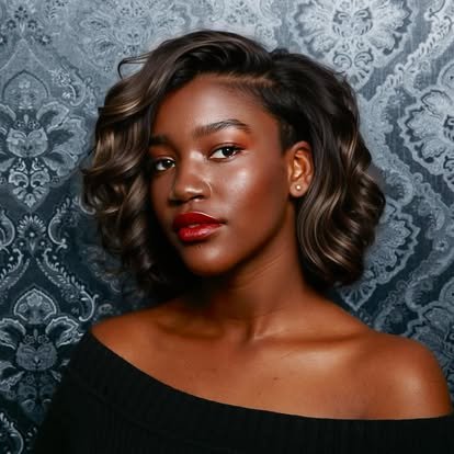 A woman with dark skin, wavy shoulder-length hair, and red lipstick posing in front of a blue patterned background.