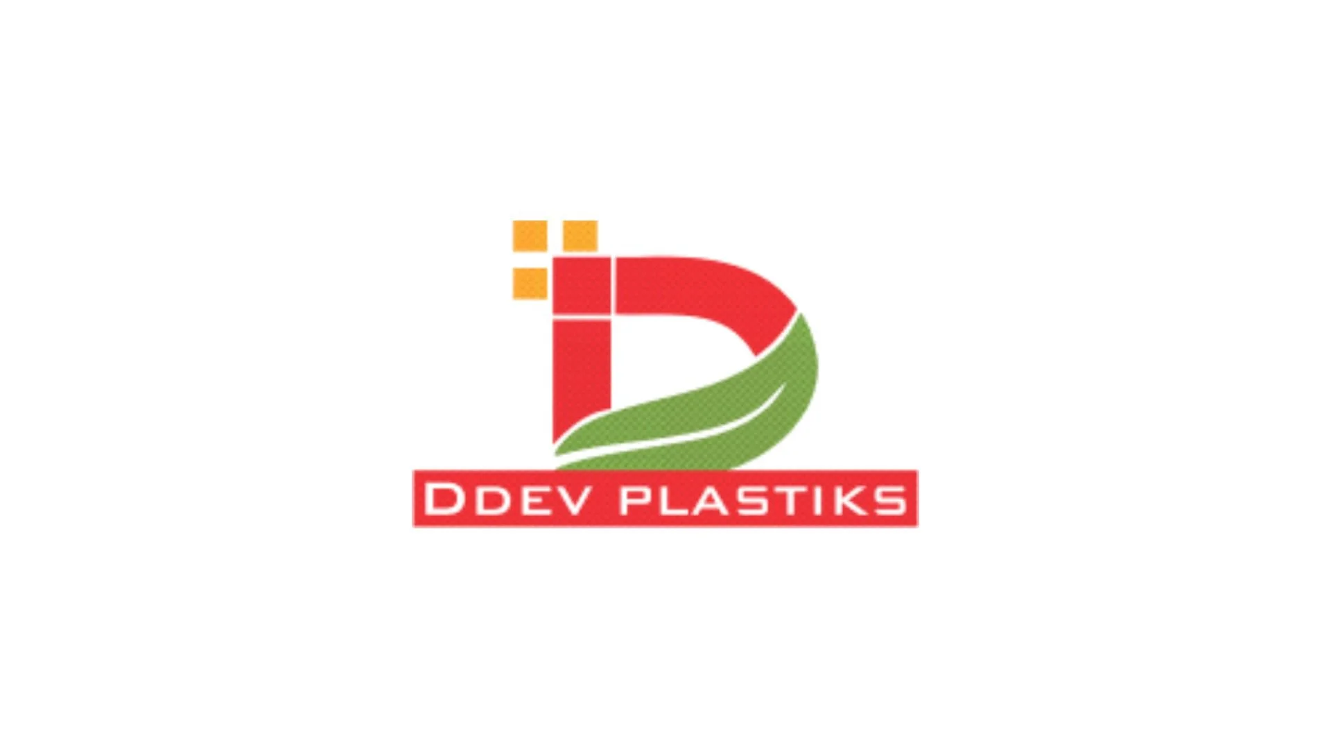 Logo of DDEV Plastiks featuring a stylized red letter D with a green leaf design and four yellow squares, with a red rectangular banner below displaying the company name.