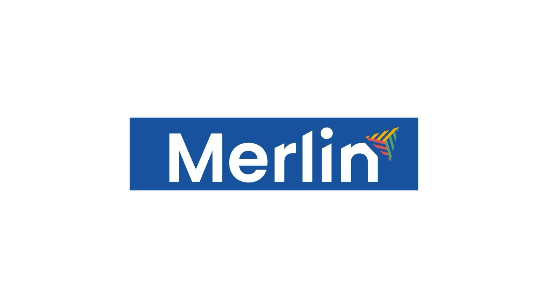 Merlin logo on a white background with a blue rectangle and colorful arrow design.