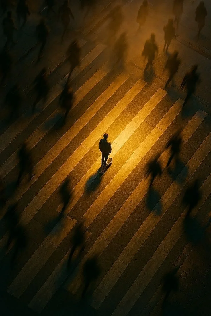 A person stands on a skateboard on a crosswalk at night, illuminated by a warm streetlight, with blurred pedestrians walking around.