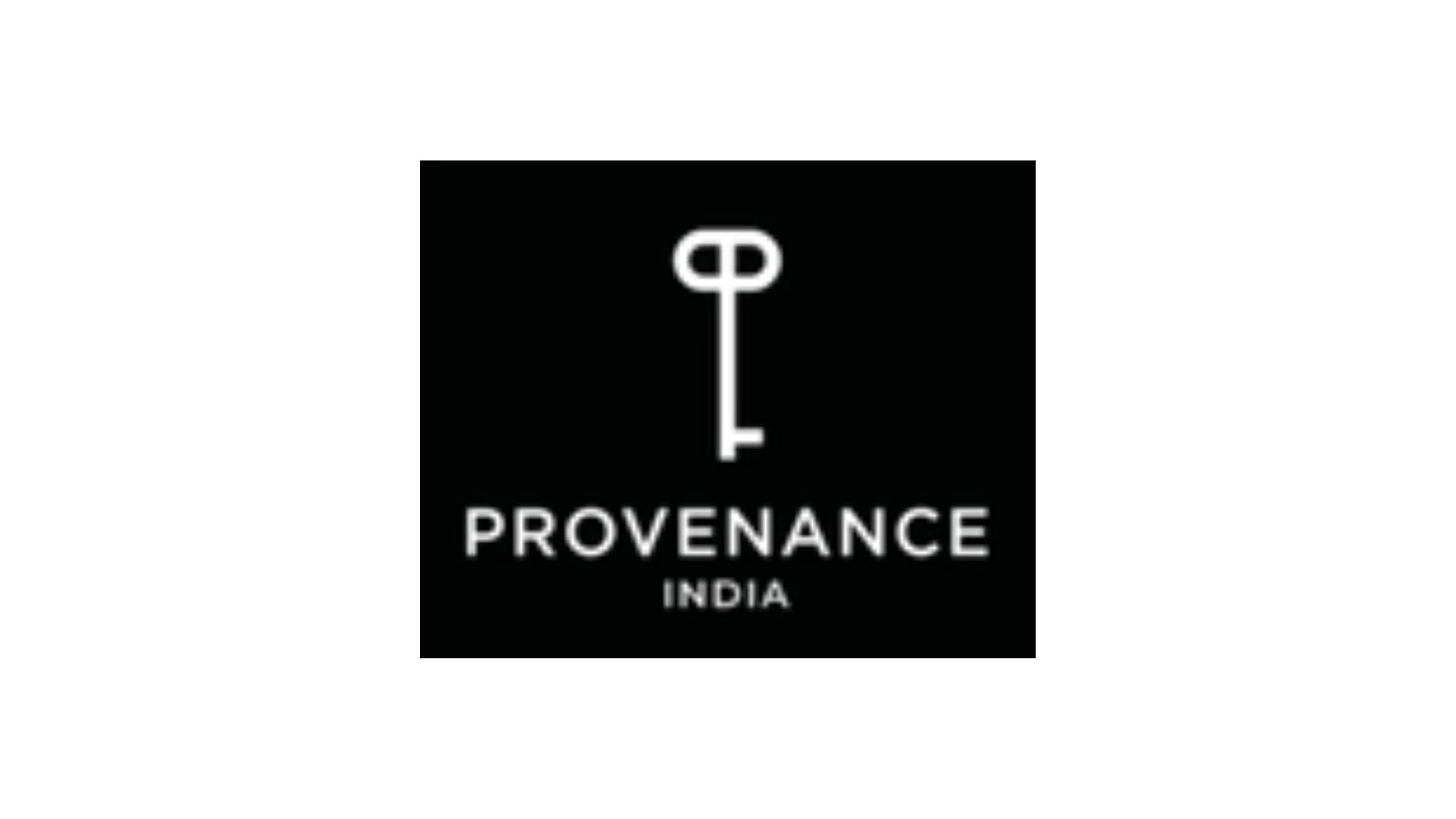 Provenance India logo with a black background, a white key symbol, and text