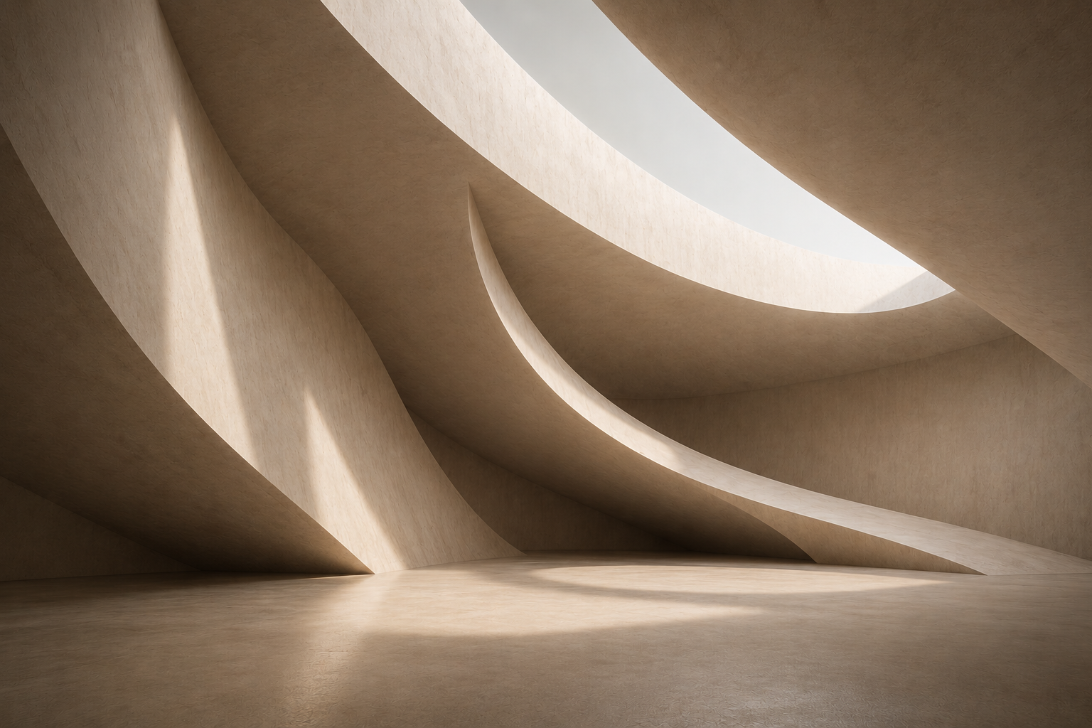 A minimalist architectural interior with curved, layered beige walls and a bright circular skylight overhead.