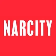 Red background with the word 'NARCITY' in bold white letters. Monica Gross featured in Narcity Canada and Narcity Toronto for viral sketch tiktok content