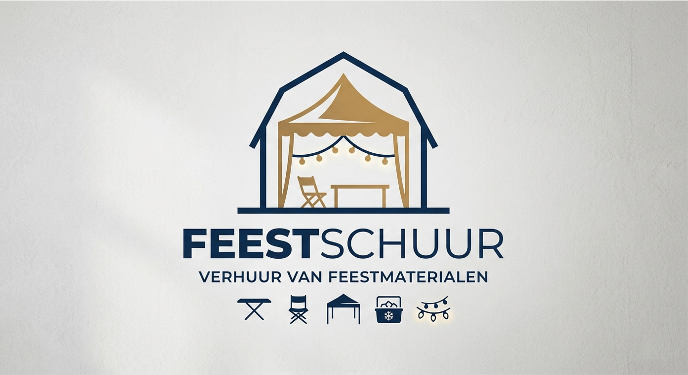 Logo van FeestSchuur met een huis en feestmateriaal, waaronder een tent, stoelen, en decoratie, met de tekst 'FeestSchuur' en 'Verhuur van feestmaterialen'.