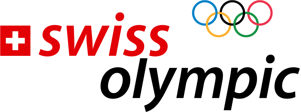 Das Bild zeigt das Logo mit dem Text "Switzerland" und den olympischen Ringen in den Farben blau, gelb, schwarz, grün und rot. Auf der linken Seite befindet sich eine weiße Schweizerkreuz auf rotem Hintergrund.