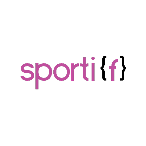 Logo mit dem Wort 'sportif' in lila Buchstaben auf schwarzem Hintergrund.