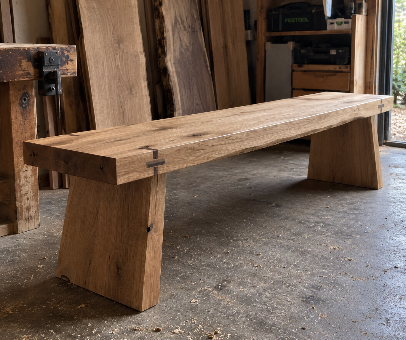 A wooden bench in a woodworking shop with various planks and tools in the background.