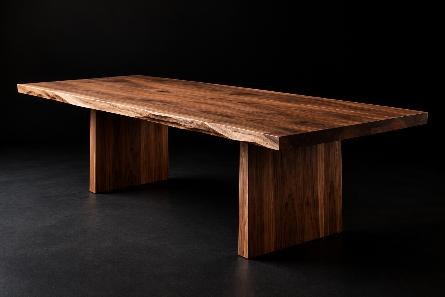 A sleek wooden table with a natural finish, sitting on a dark floor with a black background.