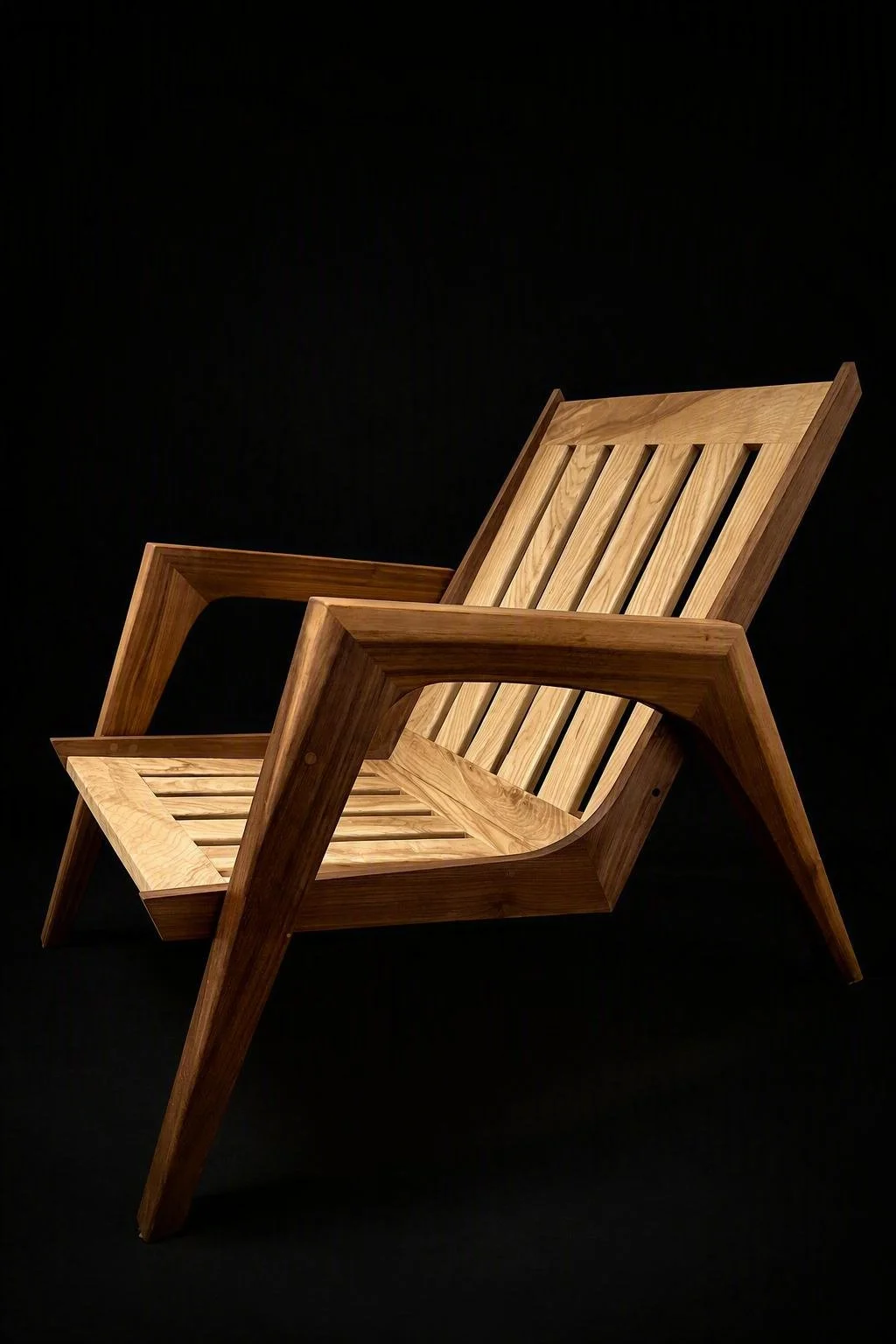 A wooden lounge chair with a slatted back and seat, set against a black background.