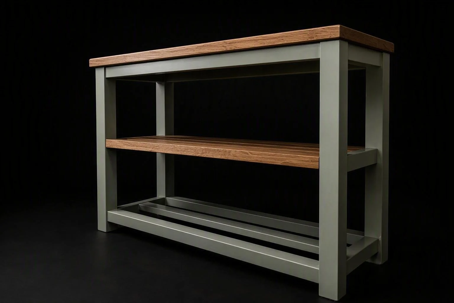 A modern table with a wooden top and both a wooden middle shelf and a lower metal shelf, against a black background.