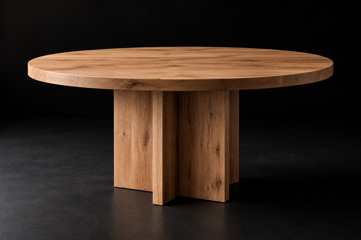 Round wooden table with a cross-shaped base on a black background.