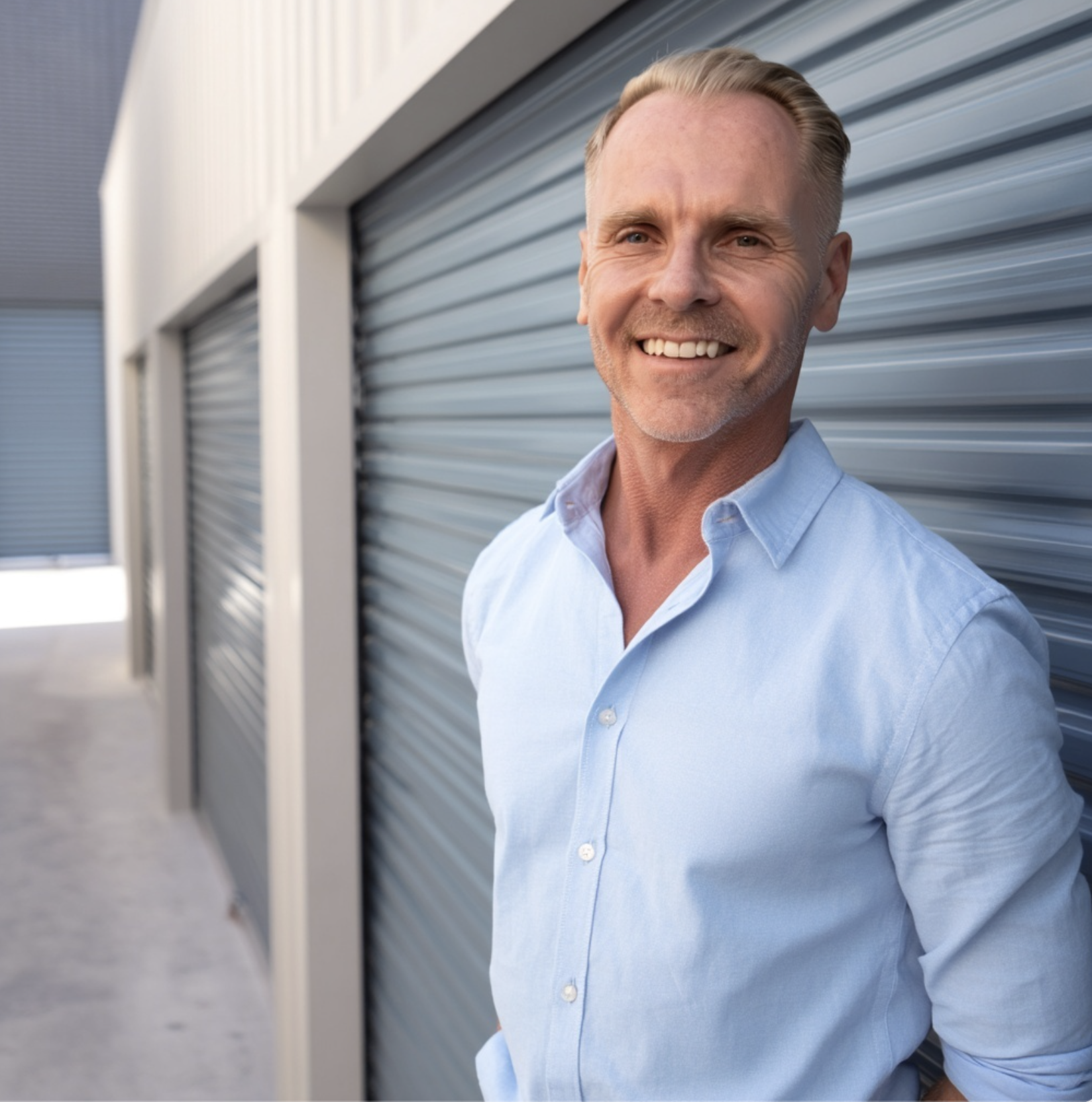 A smiling middle-aged man with blonde hair and a light blue shirt leaning against a metal rolling door outside.