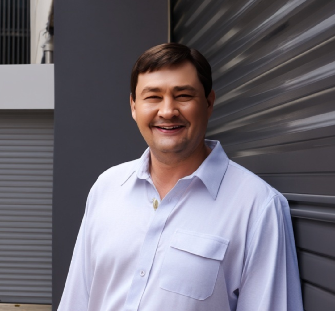 A smiling man with dark hair in a white button-up shirt standing outdoors against a gray metal wall.