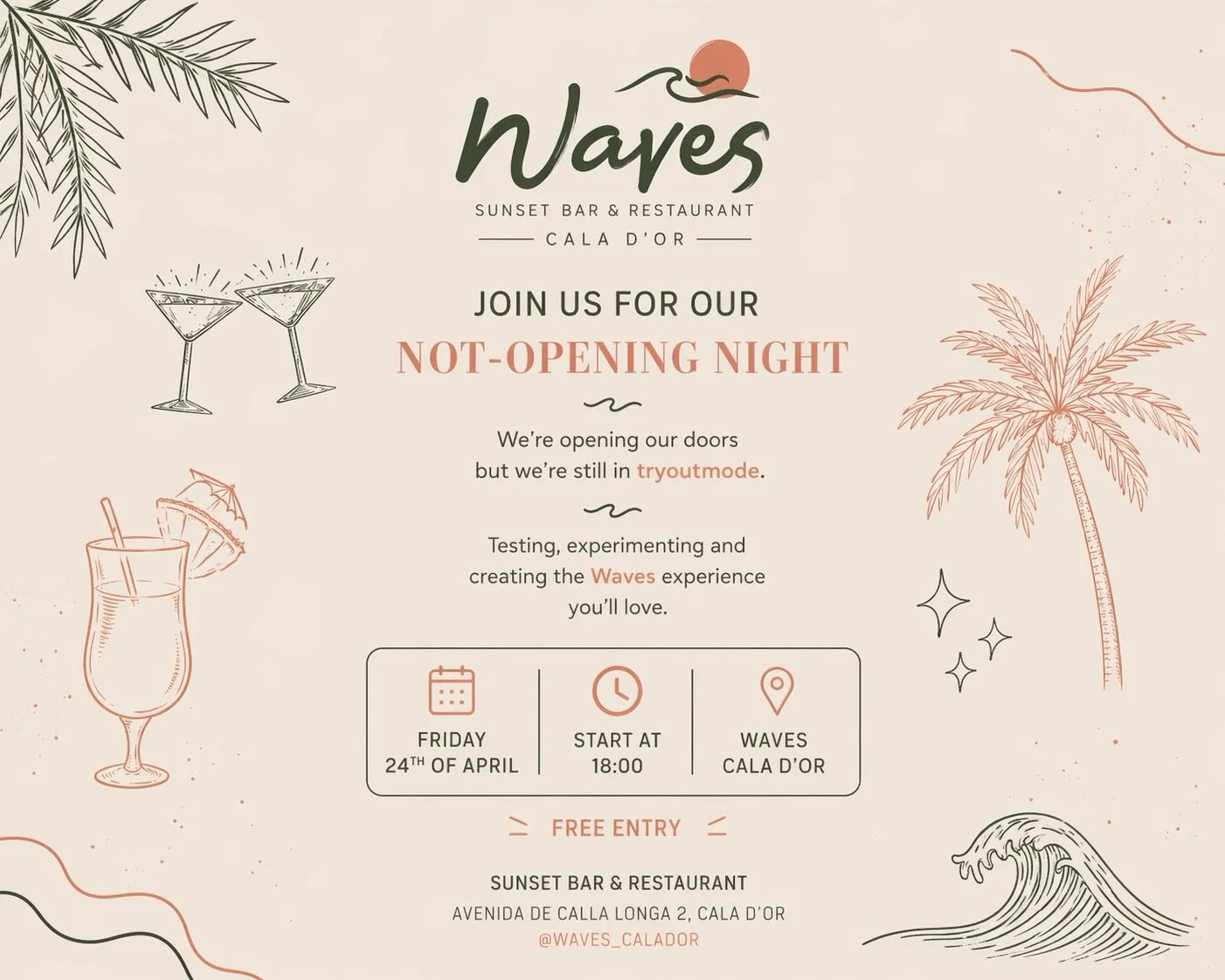Yes, you heard that right&hellip; Waves is not-opening this weekend 🍸✨

A place to try, test, create, form.
Not everything starts with a grand opening&hellip; some things start with a feeling 🌊

We&rsquo;re not officially open (yet),
but we&rsquo;r