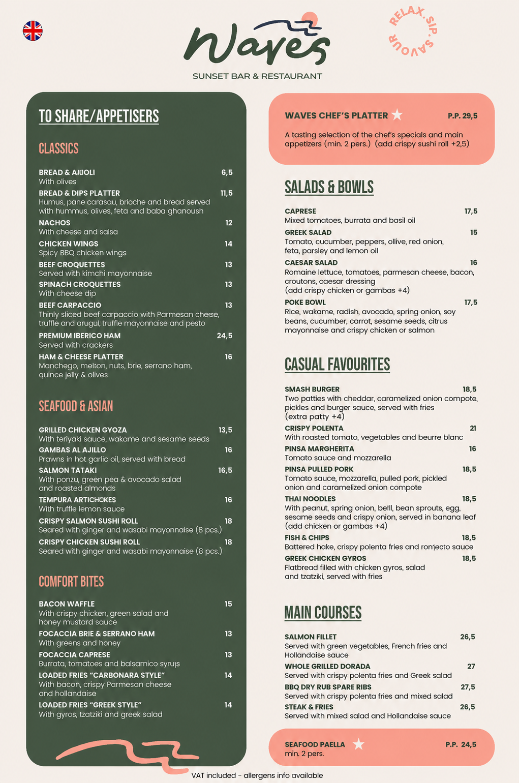 menu with a wide variety or mediterranean dishes and comfort food