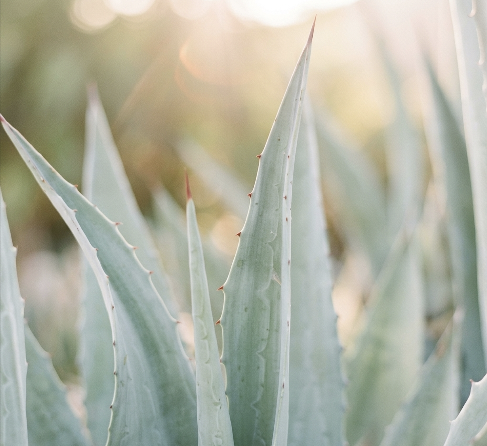 Close-up of aloe vera plant leaves with spines, green with grayish hue, in soft sunlight.