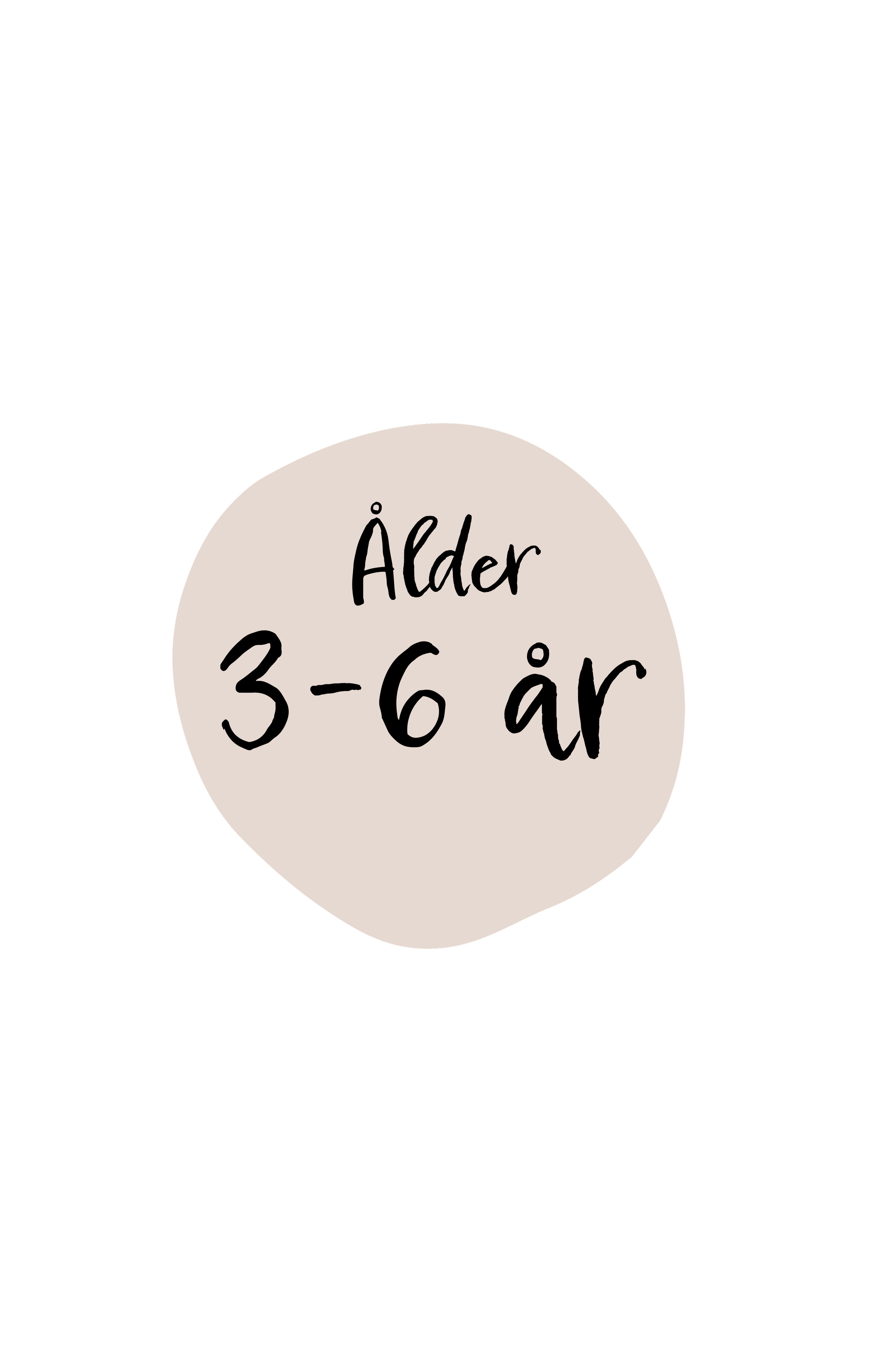 En etikett med en beige cirkel som innehåller texten 'Ålder 3-6 år' i svart.