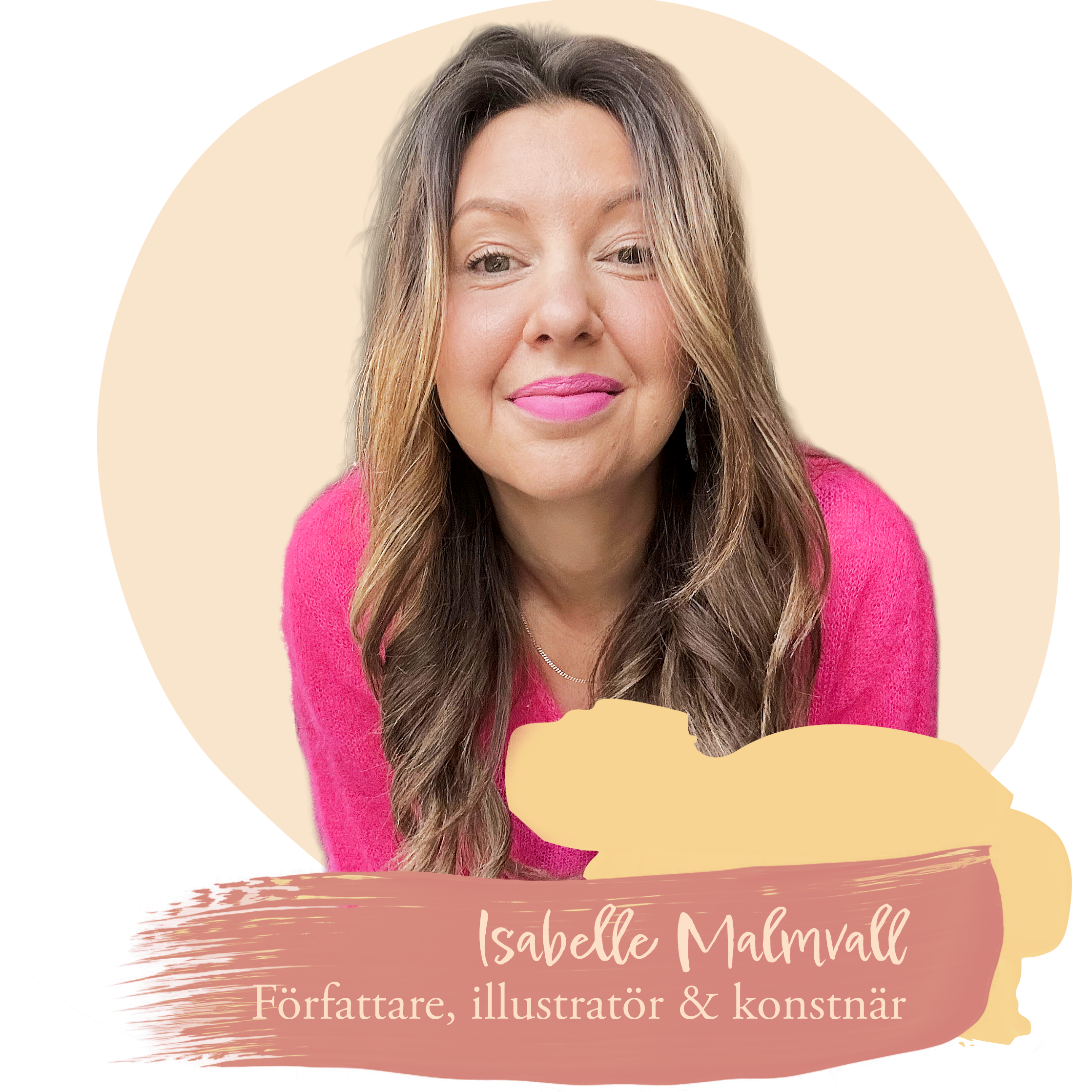 Portrait av Isabelle Malmvall, med rosa läppar och rosa tröja. Text på bilden säger: 'Författare till Illustratör & konstnär, Isabelle Malmvall'.