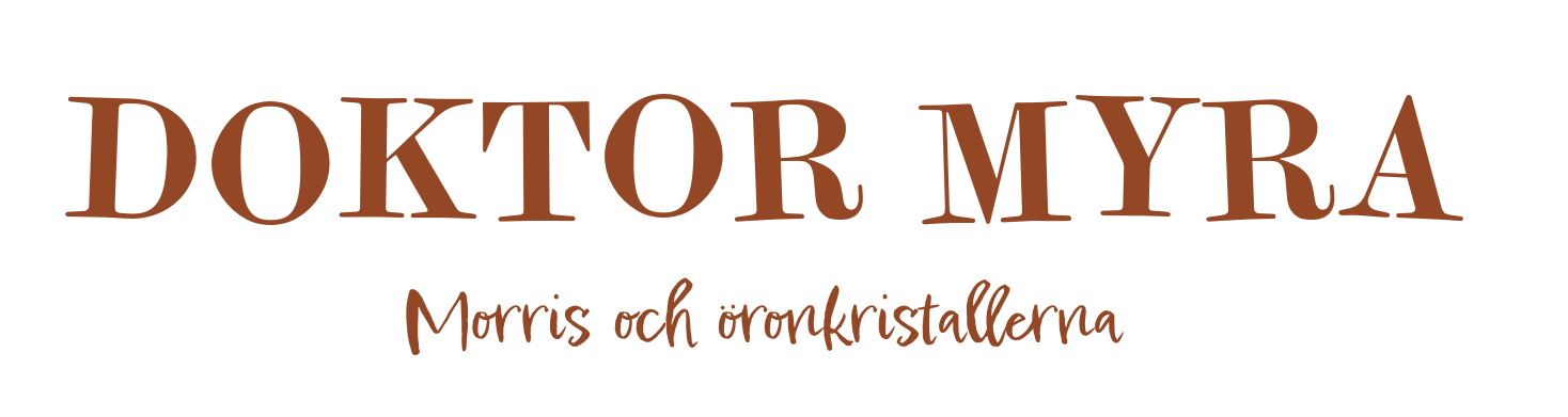 Text på en svart bakgrund som säger "DOKTOR MYRA Morris och öronkrystallerna".