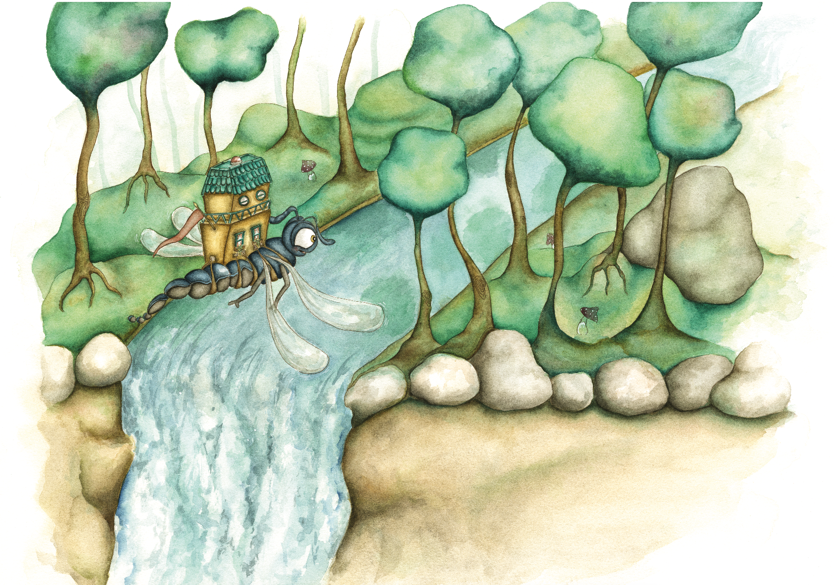 Illustration av Isabelle Malmvall ur boken Doktor Myra: Morris. Tecknad bild av en skogssjö med grönskande träd, en liten stuga, en flod. Runtom finns stenar och små svarta svampar. Trollsländam har stora ögon och vingar.