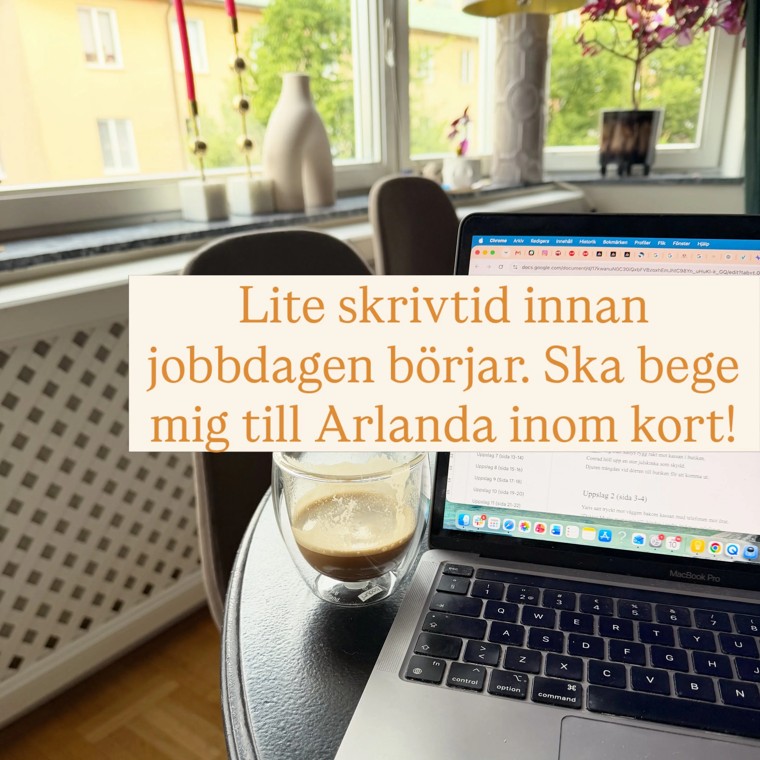 F&ouml;rs&ouml;ker f&aring; till n&aring;gra minuters skrivande innan jobbdagen b&ouml;rjar. H&aring;ller p&aring; och bearbetar r&aring;manuset f&ouml;r Doktor Myra - bok 2. Ytterligare en liten sjuk&aring;komma med en liten ov&auml;ntad twist som t