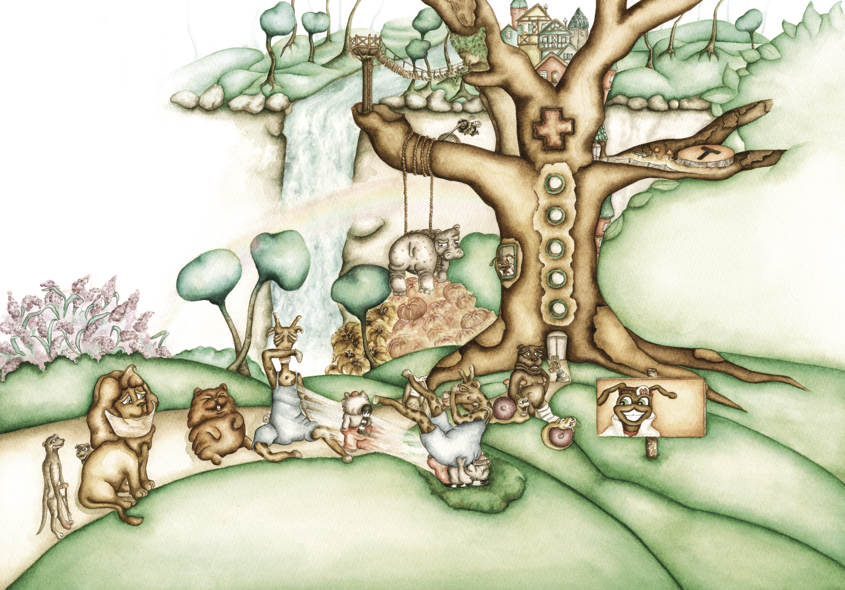 Illustration av Isabelle Malmvall ur boken Doktor Myra: Morris och öronkristallerna. En tecknad trädgård med olika djur och växter, ett stort träd med leksaker och fantasiinslag, små hus i bakgrunden, en regnbåge och olika blommor och gröna områden.