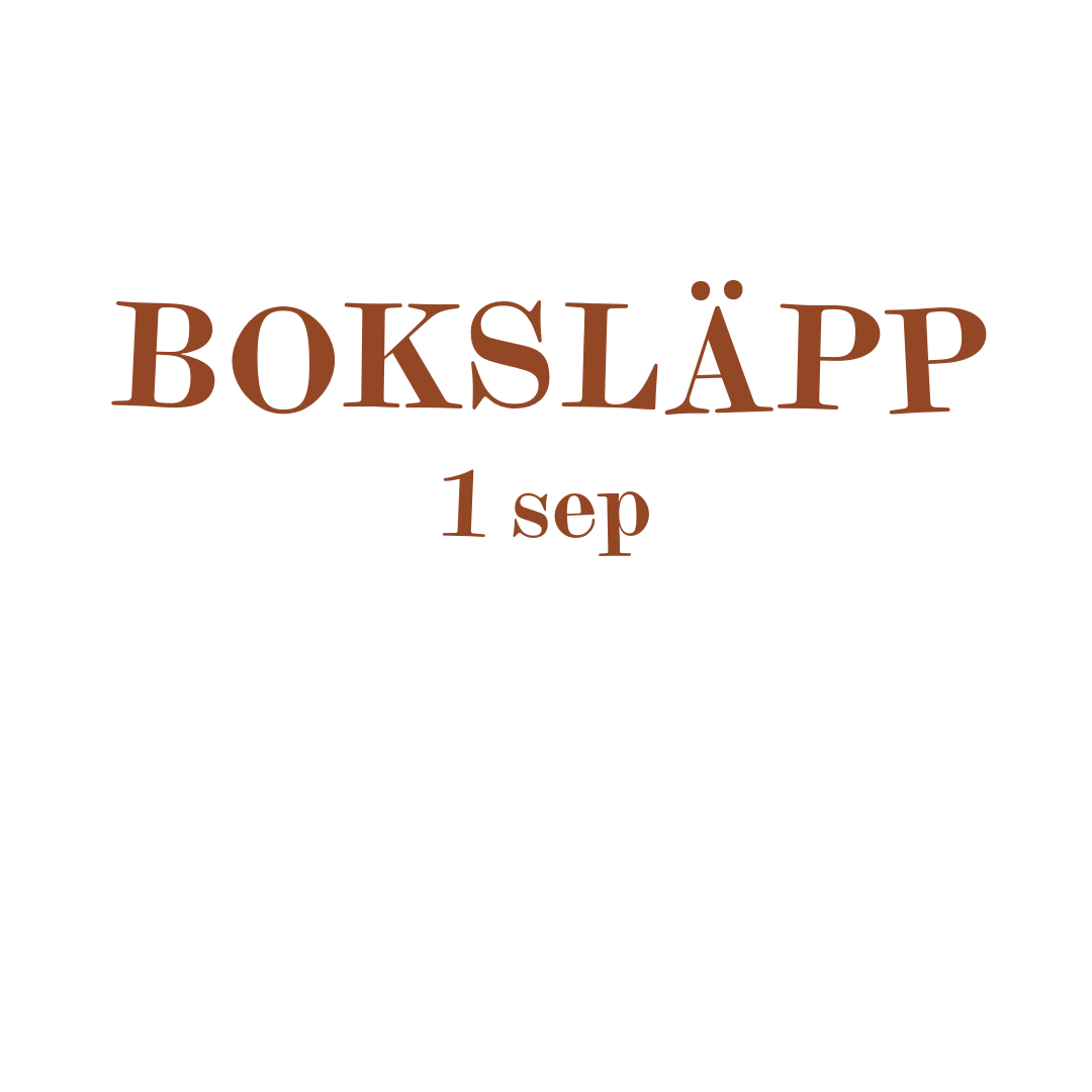 Text i brunt som säger 'BOKSLÄPP 1 sep' på en svart bakgrund.