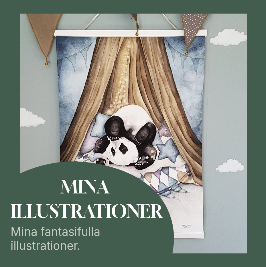 En art print av en panda i ett tält, med moln och stjärnor runtomkring.