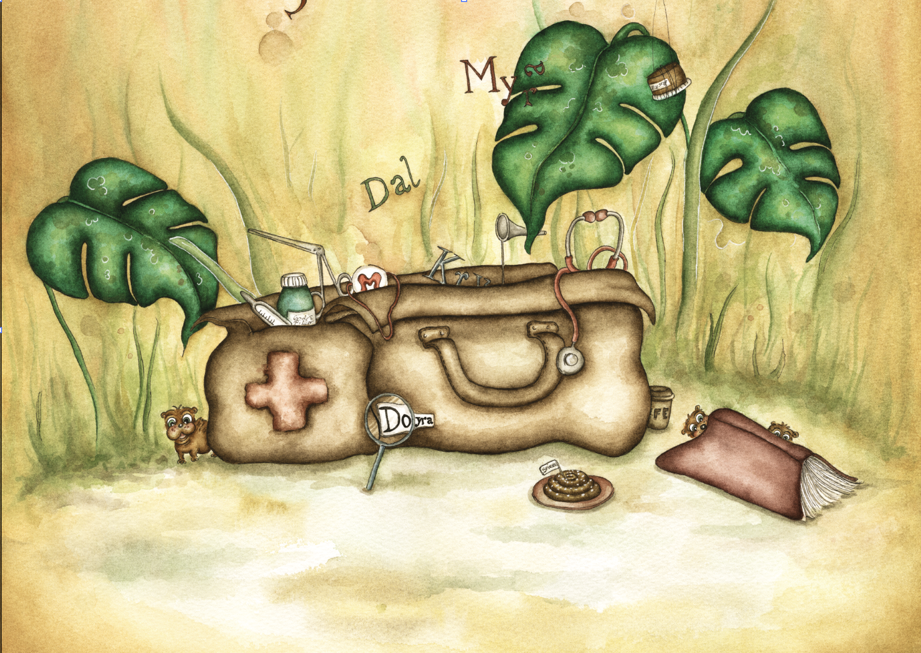 Illustration av Isabelle Malmvall ur boken Doktor Myra: Morris och öronkristallerna. En doktorsväska fylld med medicinska föremål, omgiven av växter och små djur.