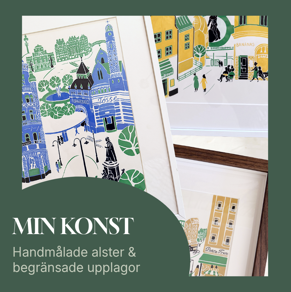Handmålade posters av stadsvyer och stadslandskap i olika färger och stilar, inramade.