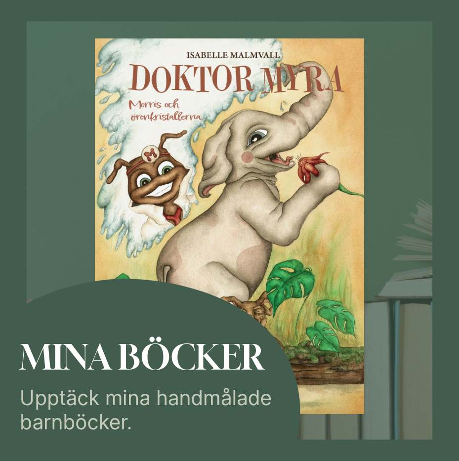 Bokomslag av en barnbok med en tecknad elefant som håller en röd blomma, och ett tecknat ansikte av en annan figur i ett moln på bakgrunden. Texten på omslaget är 'Doktor Myra' av Isabelle Malmvall.