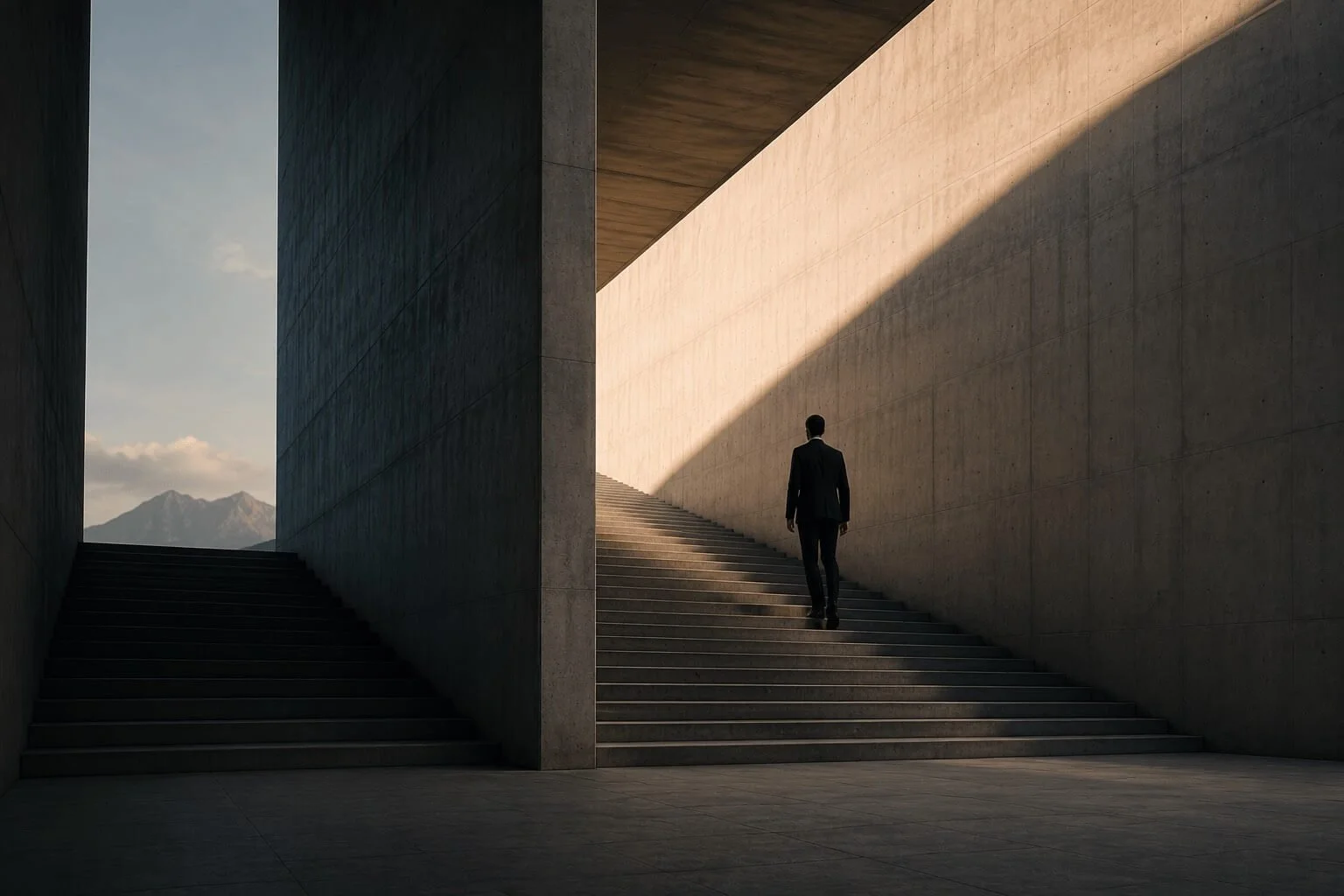 A man in a suit walking up a staircase between two modern concrete walls, with a mountain view in the distance and sunlight casting shadows.