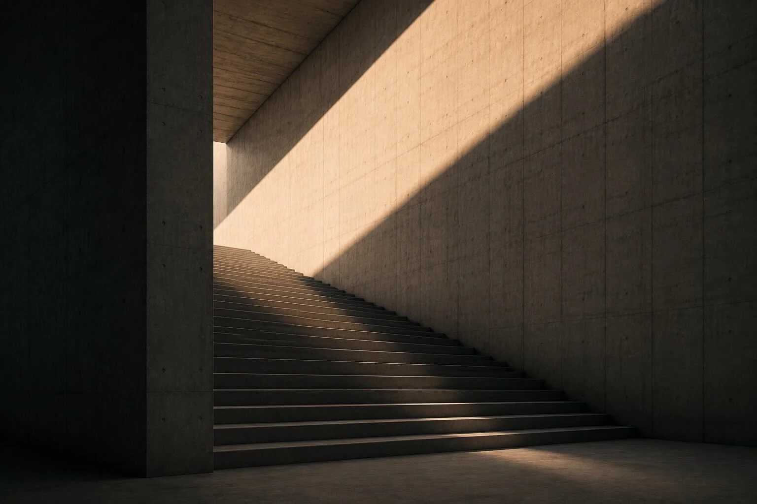 Concrete stairway leading up, with a large concrete wall on the sides, illuminated by sunlight creating a diagonal shadow.