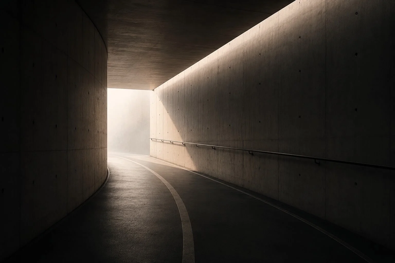A covered walkway or tunnel with concrete walls and ceiling, curving to the left, illuminated by natural light from the open end.