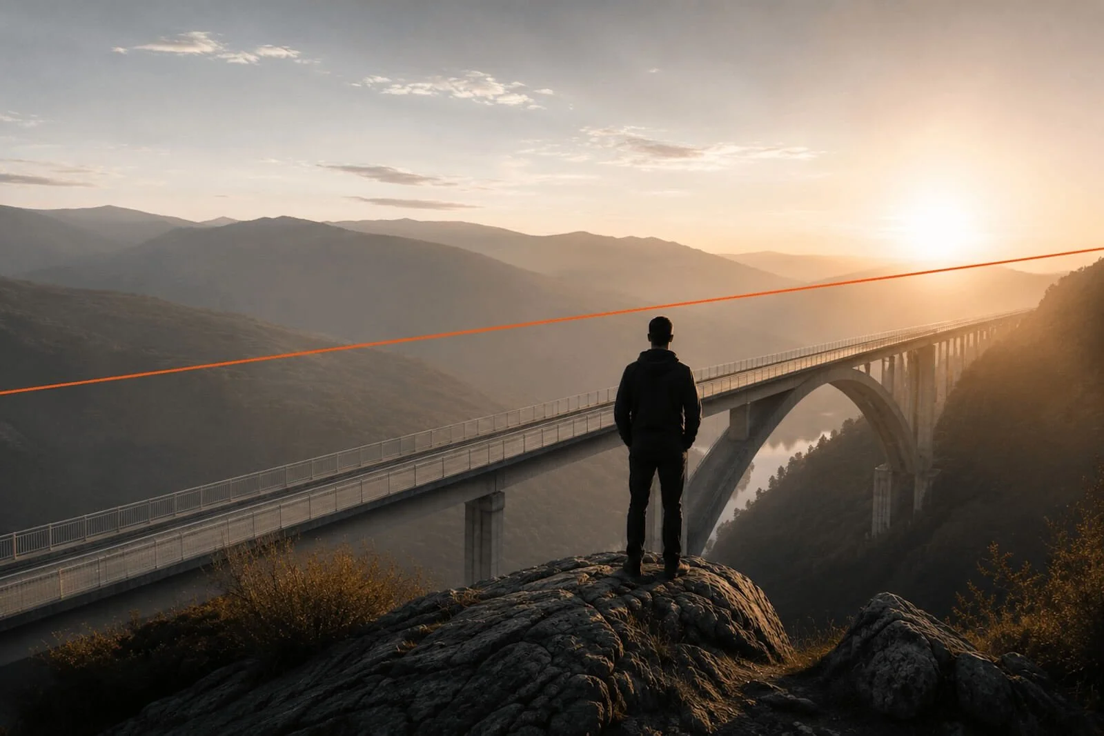 A person standing on a rocky ledge overlooking a bridge in a mountainous landscape at sunset.