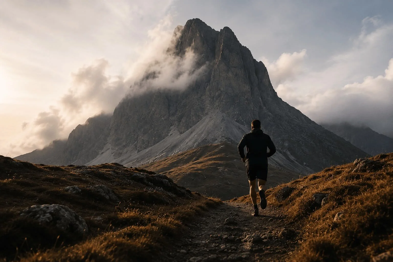 A person running on a trail through a mountainous landscape with a large peak in the background, during sunrise or sunset.