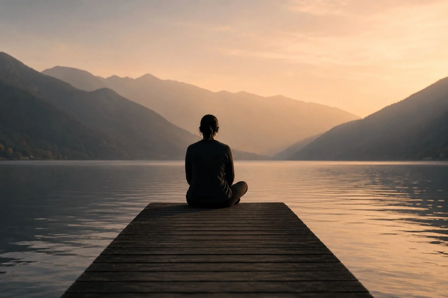 A person sitting cross-legged on a wooden dock by a lake, facing away toward sunset mountains in the distance.