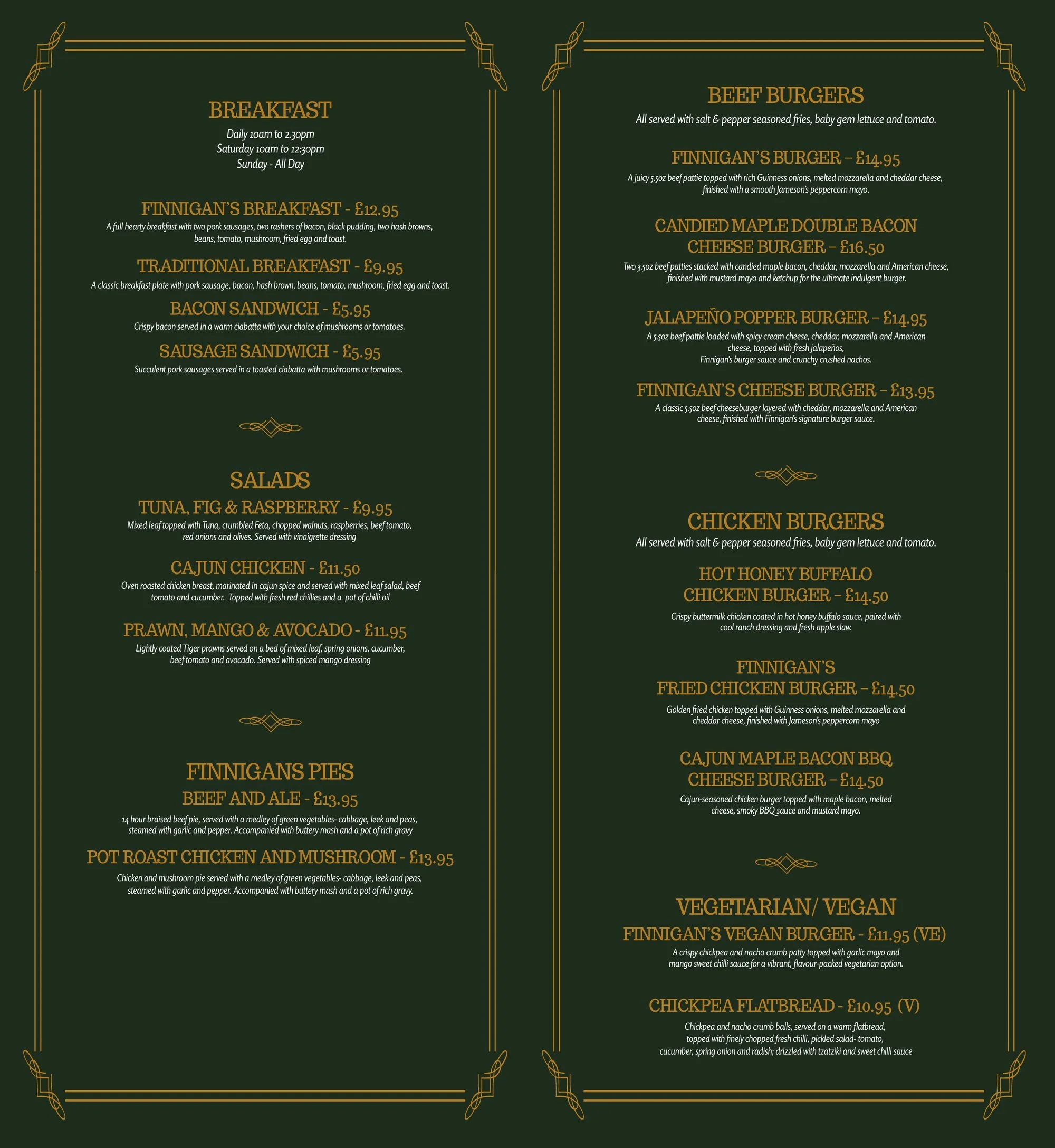 A restaurant menu with sections for breakfast, salads, beef burgers, chicken burgers, vegetarian/vegan options, and pies, listed with descriptions and prices on a dark green background with gold decorative borders.